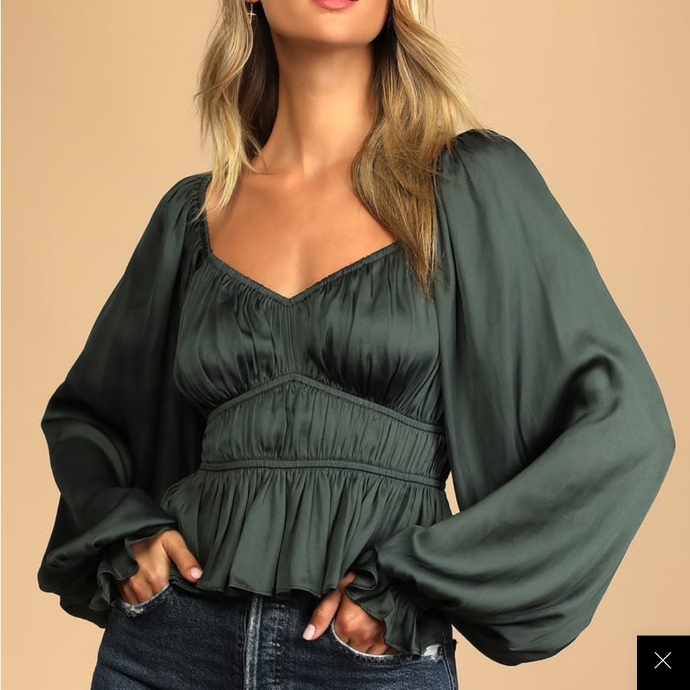 Lulus Sophisticate Dark Green Satin Ruched Long Sleeve Top